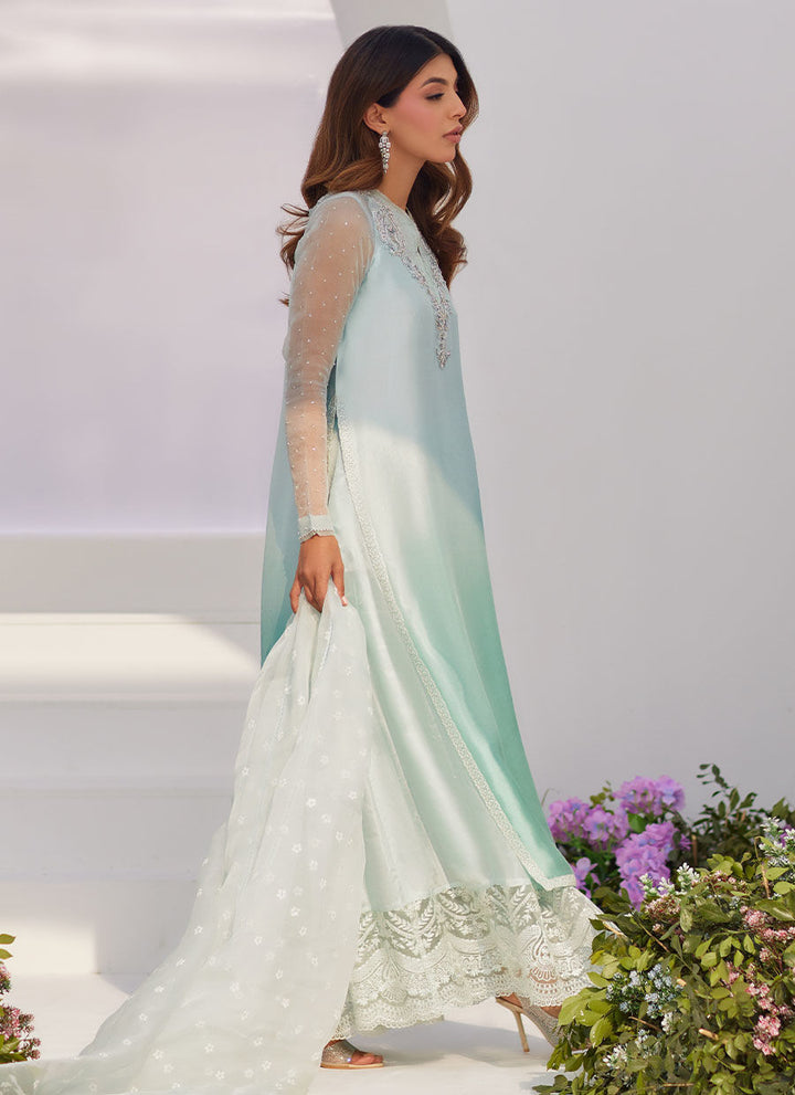 Farah Talib Aziz | Zaza Luxe Pret 24 | SOLENE AQUA OMBRE EMBELLISHED COLUMN SHIRT WITH EMBROIDERED KALIDAAR SLIP - Pakistani Clothes for women, in United Kingdom and United States