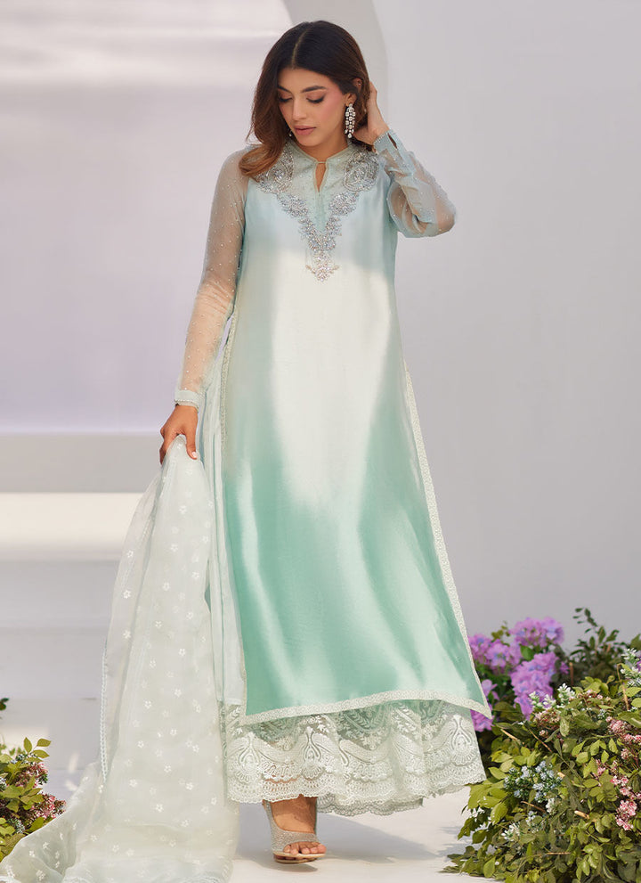 Farah Talib Aziz | Zaza Luxe Pret 24 | SOLENE AQUA OMBRE EMBELLISHED COLUMN SHIRT WITH EMBROIDERED KALIDAAR SLIP - Pakistani Clothes for women, in United Kingdom and United States