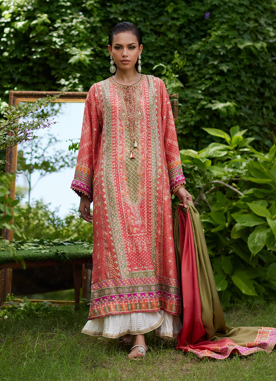 Farah Talib Aziz | Mayna Festive Prints 24 | Bazif Burnt Orange Shirt And Dupatta