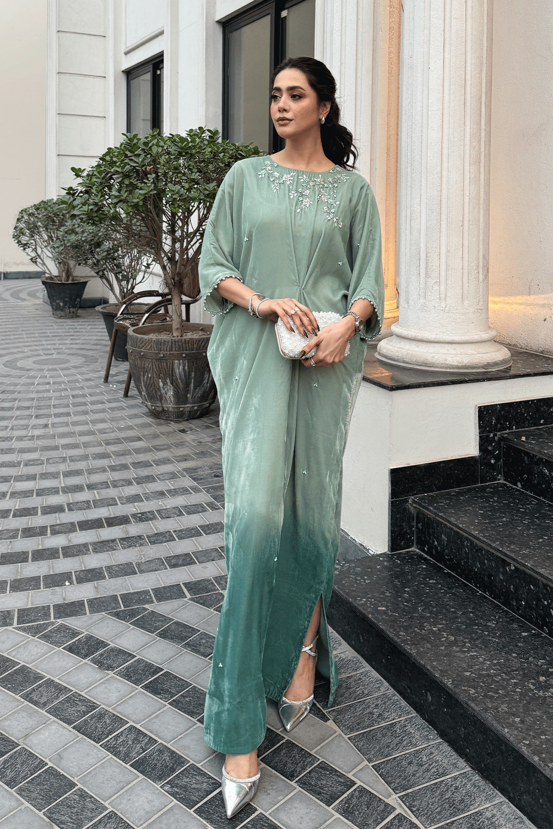 sage green pakistani dress Festival Sharara Suit in Sage Green Embroidered Fabric LSTV113044
