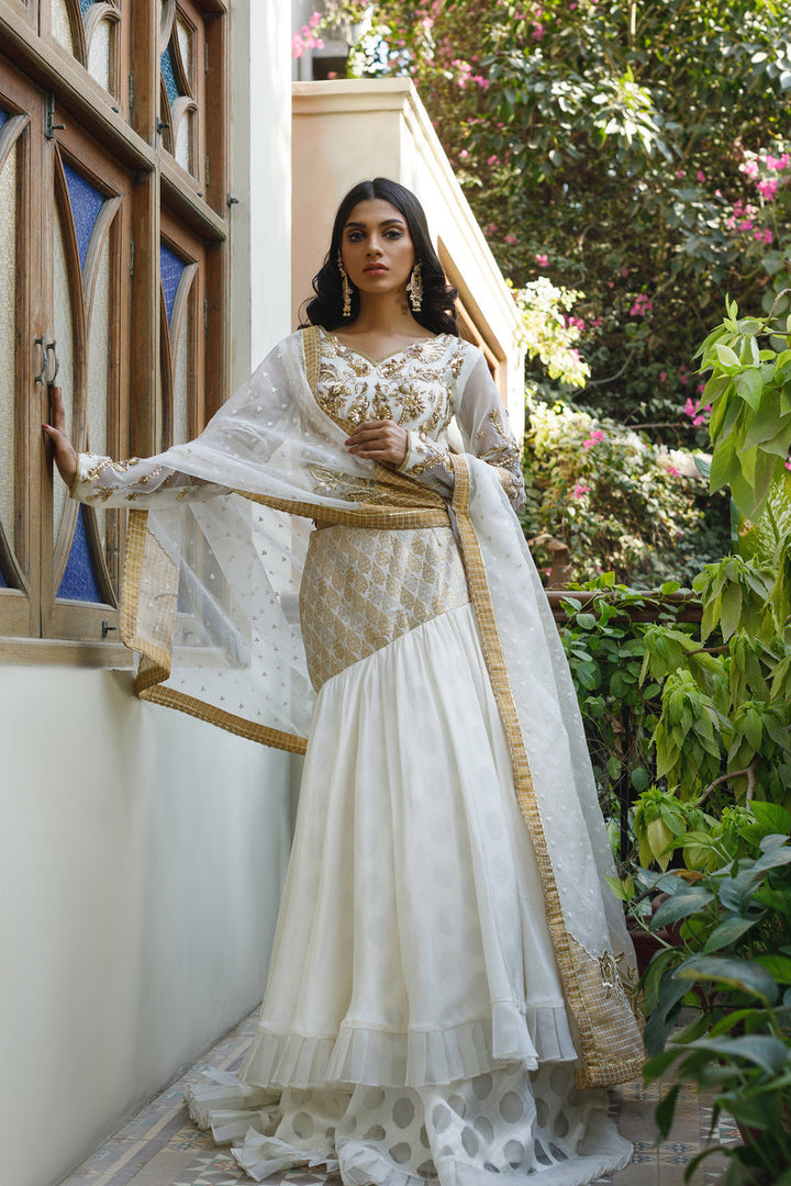 Wahajmkhan | Bahar Begum Formals | WHITE GOLD MERMAID LC - Pakistani Clothes for women, in United Kingdom and United States