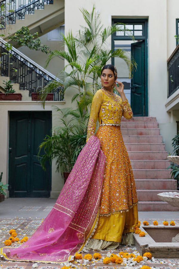 Wahajmkhan | Bahar Begum Formals | MUSTARD LAYERED LEHNGA CHOLI - Pakistani Clothes for women, in United Kingdom and United States