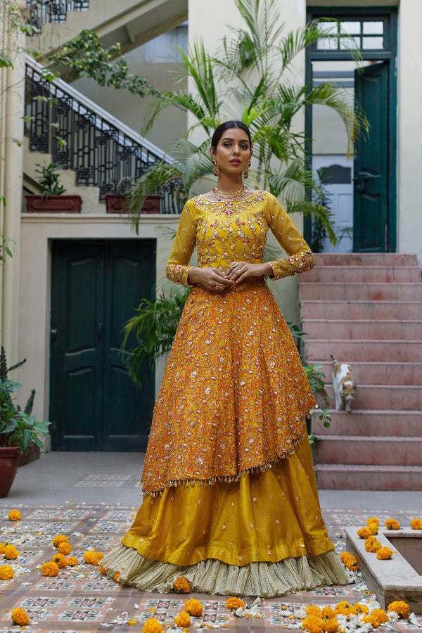 Wahajmkhan | Bahar Begum Formals | MUSTARD LAYERED LEHNGA CHOLI - Pakistani Clothes for women, in United Kingdom and United States