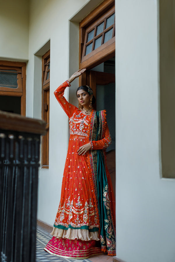 Wahajmkhan | Bahar Begum Formals | BURNT & EMERALD SHAWL ANARKALI - Pakistani Clothes for women, in United Kingdom and United States