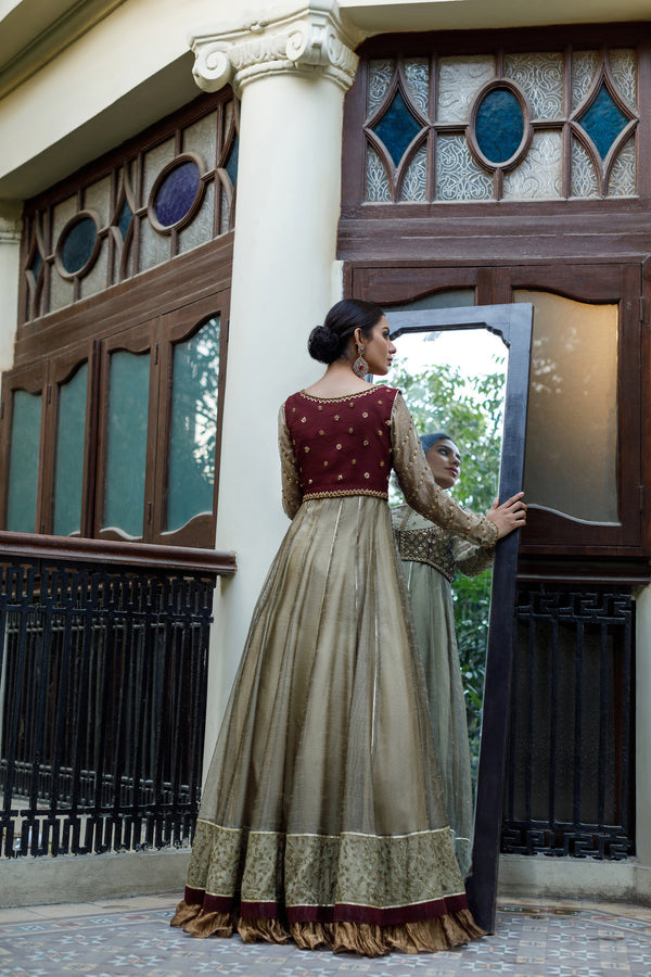 Wahajmkhan | Bahar Begum Formals | IVORY & MAROON BEGUM PESHWAS - Pakistani Clothes for women, in United Kingdom and United States