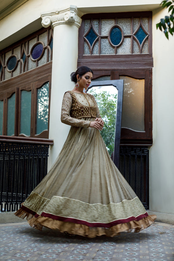 Wahajmkhan | Bahar Begum Formals | IVORY & MAROON BEGUM PESHWAS - Pakistani Clothes for women, in United Kingdom and United States