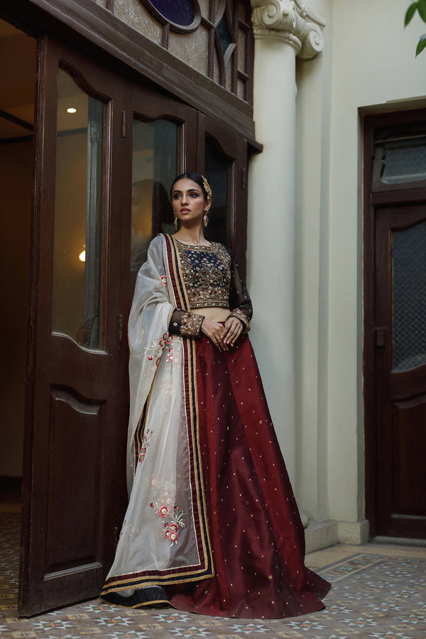 Wahajmkhan | Bahar Begum Formals | BLACK & MAROON BEGUM LEHNGA - Pakistani Clothes for women, in United Kingdom and United States