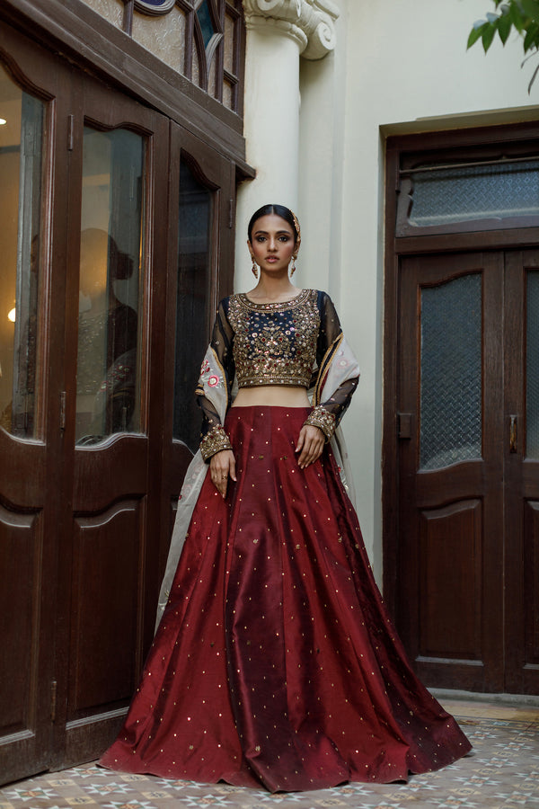 Wahajmkhan | Bahar Begum Formals | BLACK & MAROON BEGUM LEHNGA - Pakistani Clothes for women, in United Kingdom and United States