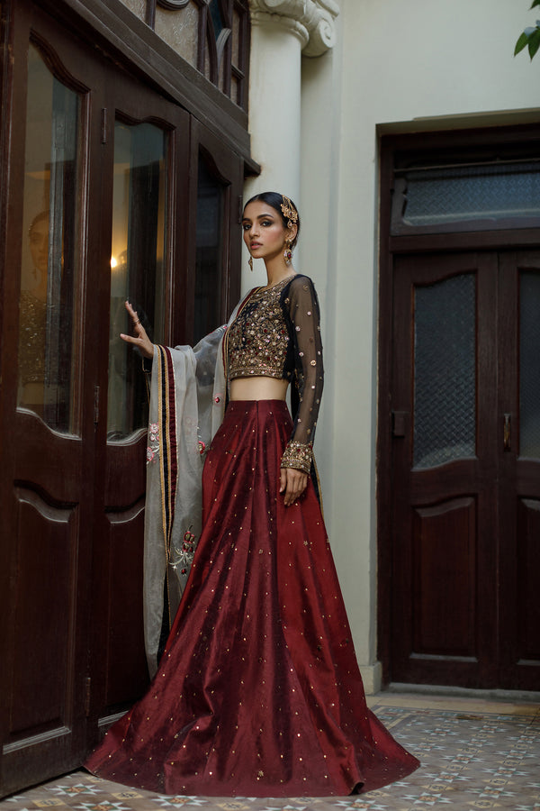 Wahajmkhan | Bahar Begum Formals | BLACK & MAROON BEGUM LEHNGA - Pakistani Clothes for women, in United Kingdom and United States