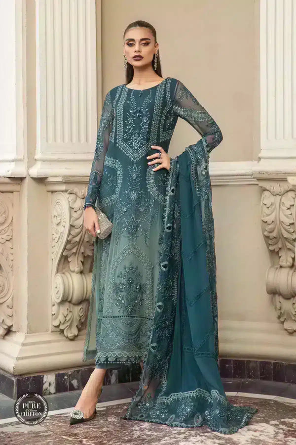 Maria B | Luxury Chiffon Collection | Teal Blue - Hoorain Designer Wear - Pakistani Ladies Branded Stitched Clothes in United Kingdom, United states, CA and Australia