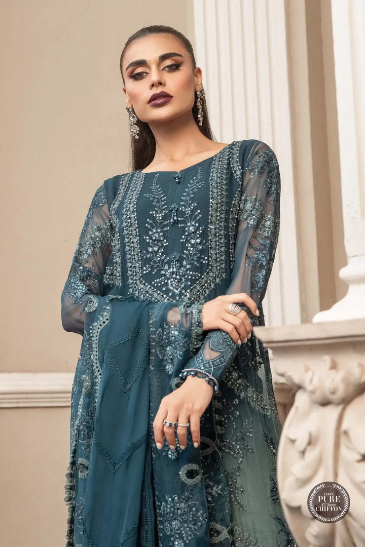 Maria B | Luxury Chiffon Collection | Teal Blue - Hoorain Designer Wear - Pakistani Ladies Branded Stitched Clothes in United Kingdom, United states, CA and Australia