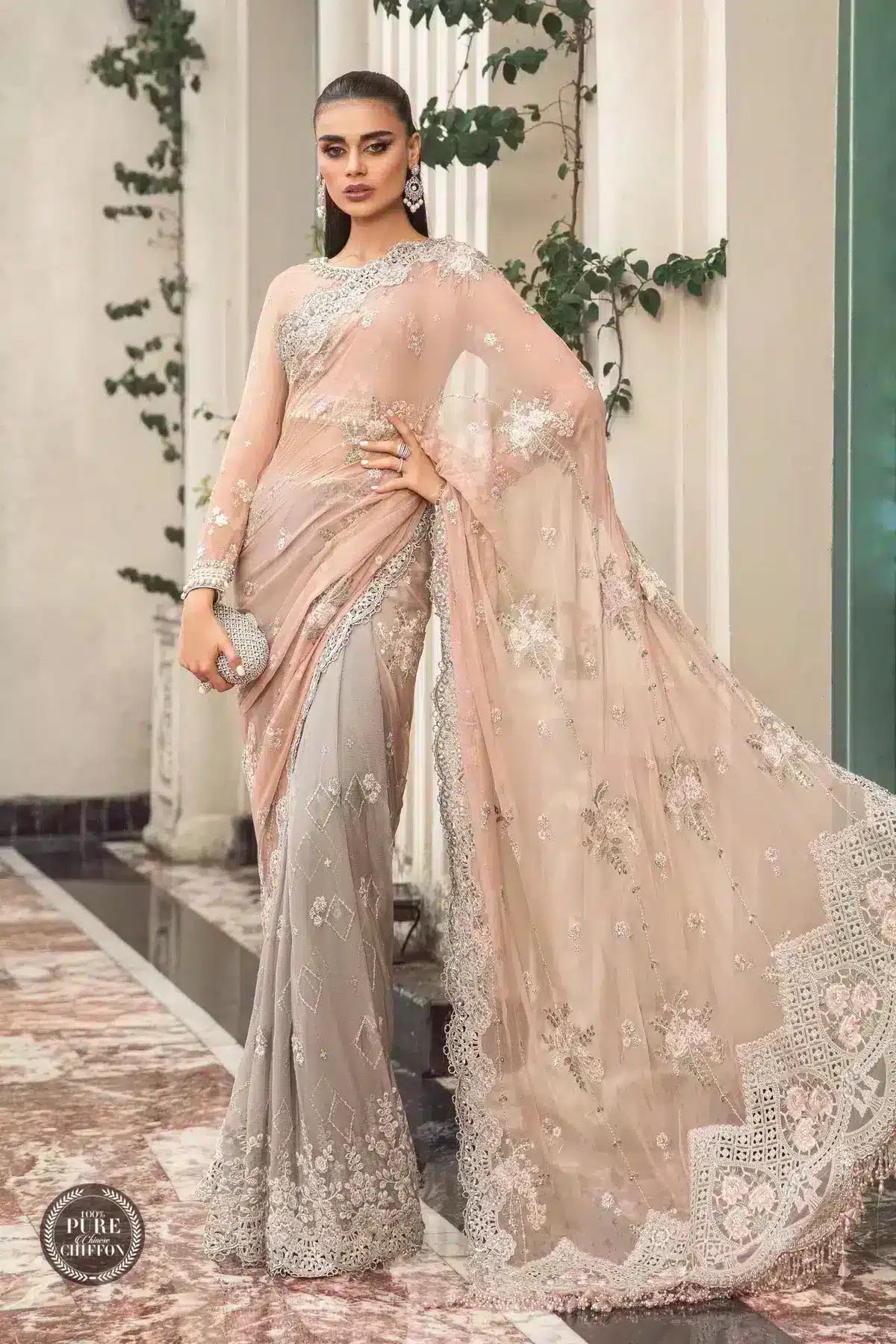 Maria B | Luxury Chiffon Collection | Peach And Grey - Pakistani Clothes for women, in United Kingdom and United States