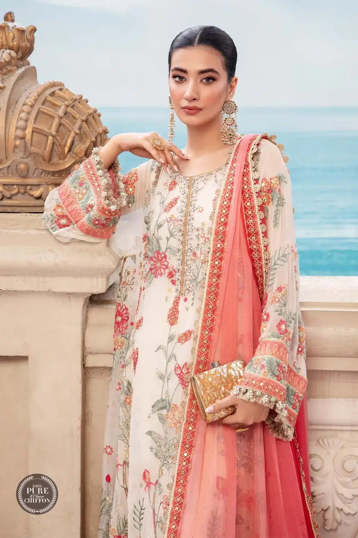 Maria B | Luxury Chiffon Collection | Cloud White Floral - Pakistani Clothes for women, in United Kingdom and United States