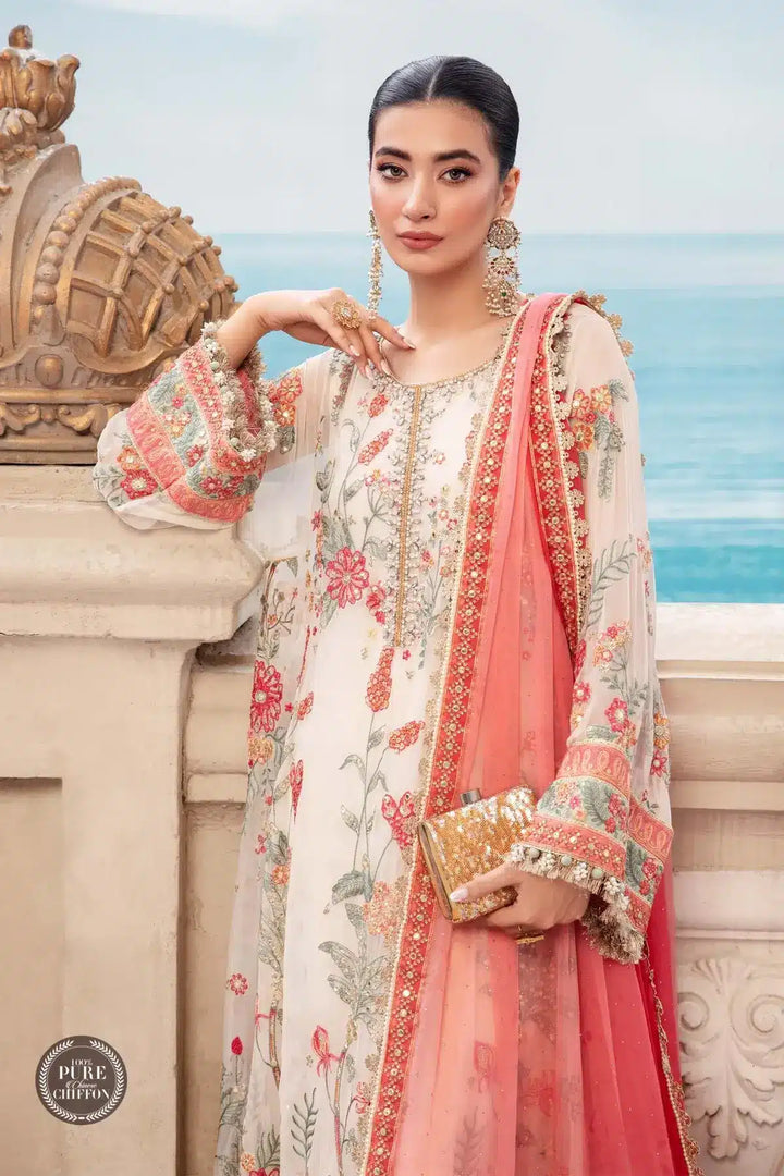 Maria B | Luxury Chiffon Collection | Cloud White Floral - Pakistani Clothes for women, in United Kingdom and United States