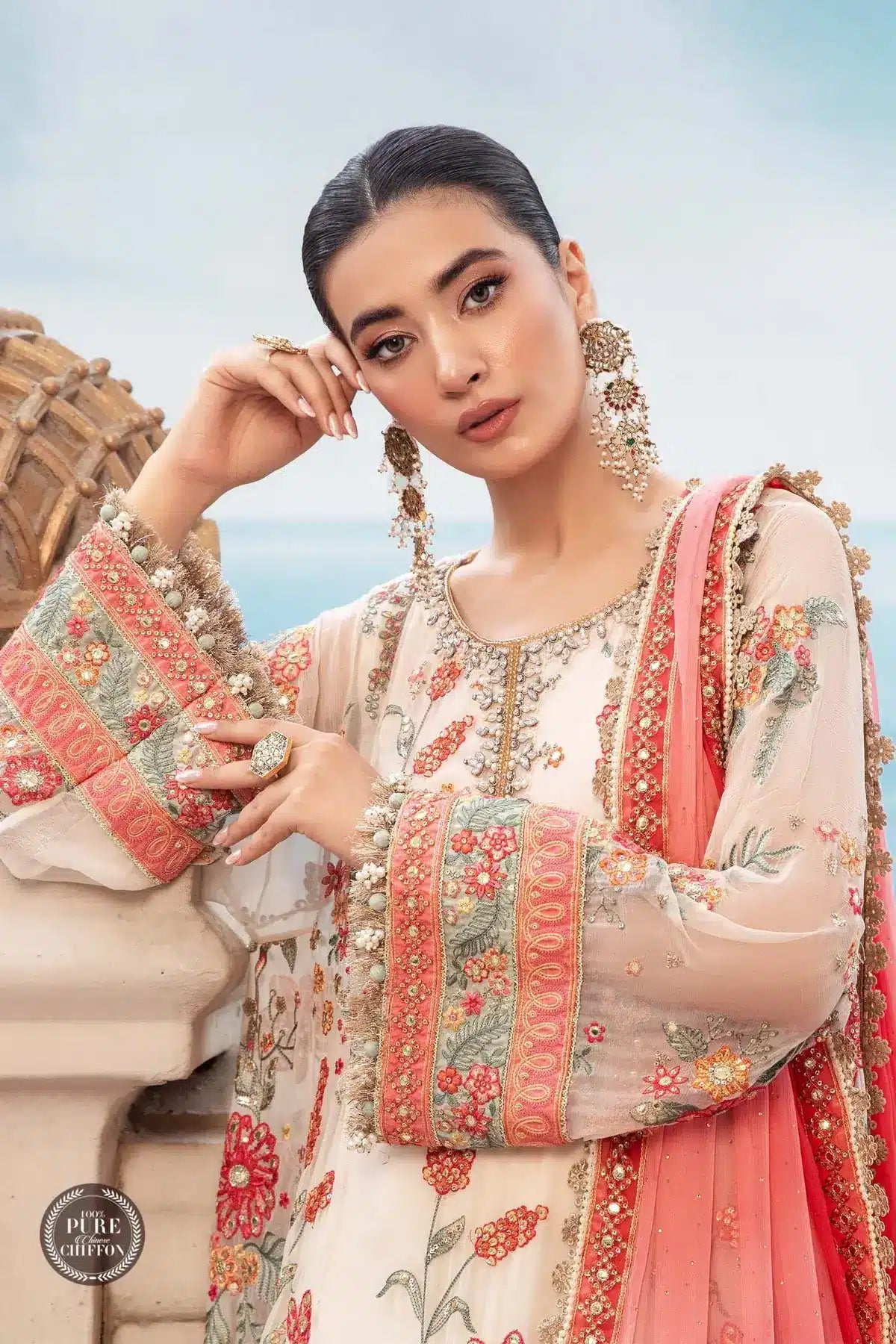 Maria B | Luxury Chiffon Collection | Cloud White Floral - Pakistani Clothes for women, in United Kingdom and United States