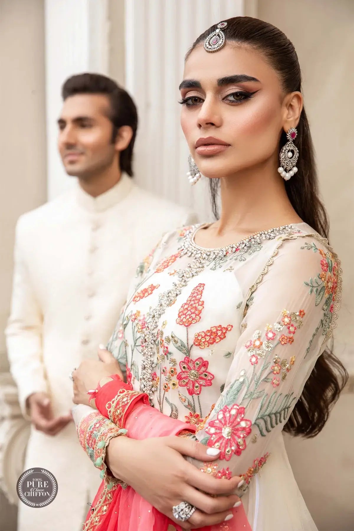 Maria B | Luxury Chiffon Collection | Cloud White Floral - Pakistani Clothes for women, in United Kingdom and United States