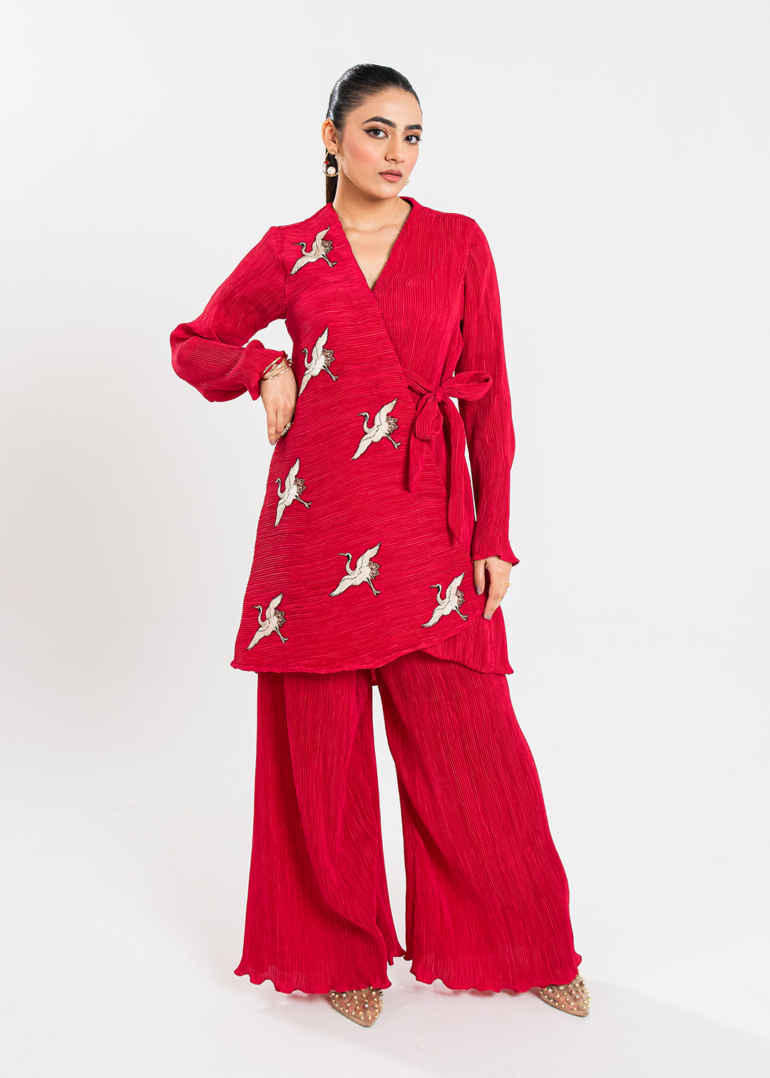 Maria Osama Khan | Claire Pleated Silk | Scarlet - Pakistani Clothes for women, in United Kingdom and United States