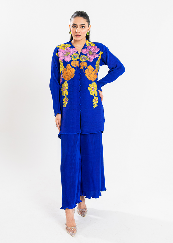 Maria Osama Khan | Claire Pleated Silk | Azure - Hoorain Designer Wear - Pakistani Ladies Branded Stitched Clothes in United Kingdom, United states, CA and Australia