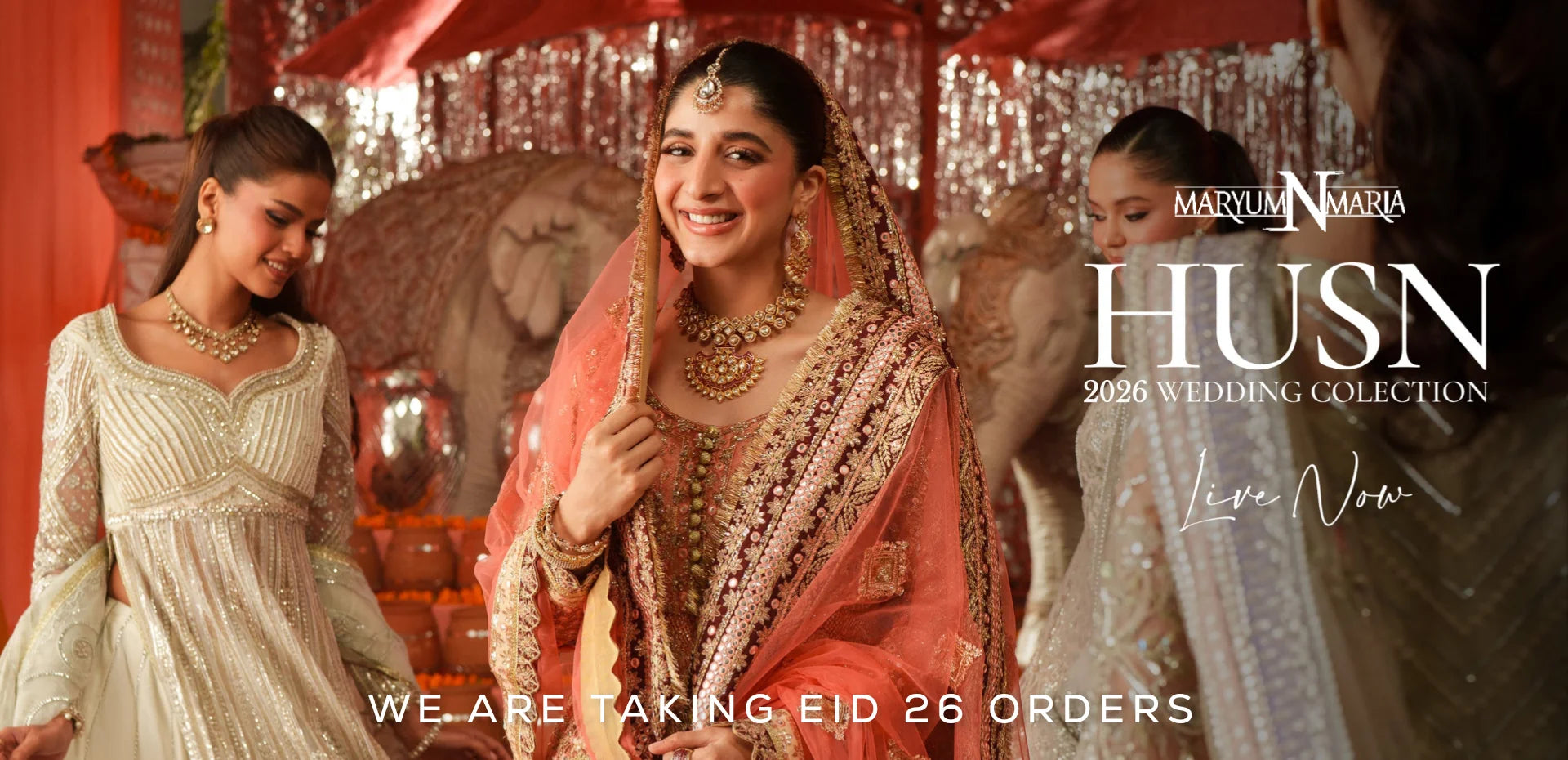 Advertisement for Husn 2026 Wedding Collection by Maryum N Maria featuring women in traditional wedding attire.1621243260e1af0c20-0