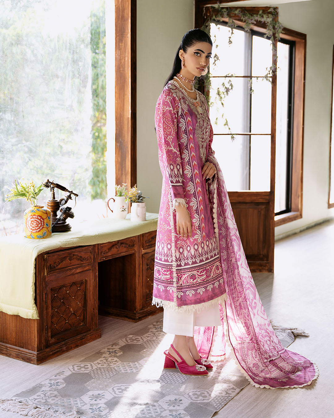 Roheenaz | Flora Printed Lawn | Amaranth - Pakistani Clothes for women, in United Kingdom and United States