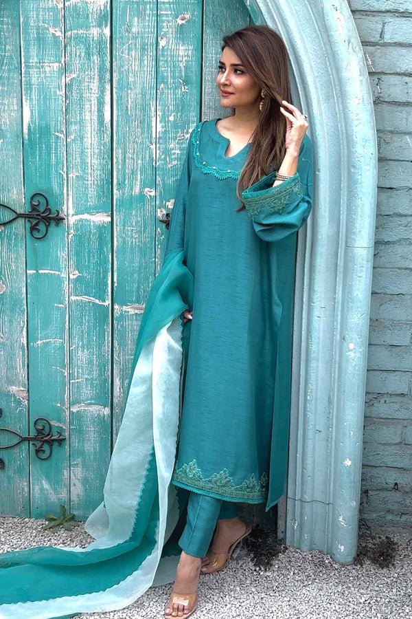 Leon | Leon Luxe Collection | TEAL BLUE - Hoorain Designer Wear - Pakistani Ladies Branded Stitched Clothes in United Kingdom, United states, CA and Australia