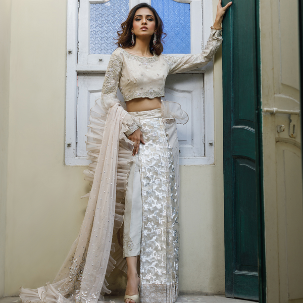 Wahajmkhan | Bahar Begum Formals | IVORY SARI PANTS - Pakistani Clothes for women, in United Kingdom and United States