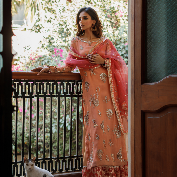 Wahajmkhan | Bahar Begum Formals | PEACH CORAL BAHAR OUTFIT - Pakistani Clothes for women, in United Kingdom and United States