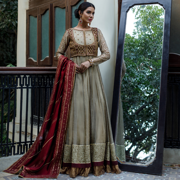 Wahajmkhan | Bahar Begum Formals | IVORY & MAROON BEGUM PESHWAS - Pakistani Clothes for women, in United Kingdom and United States