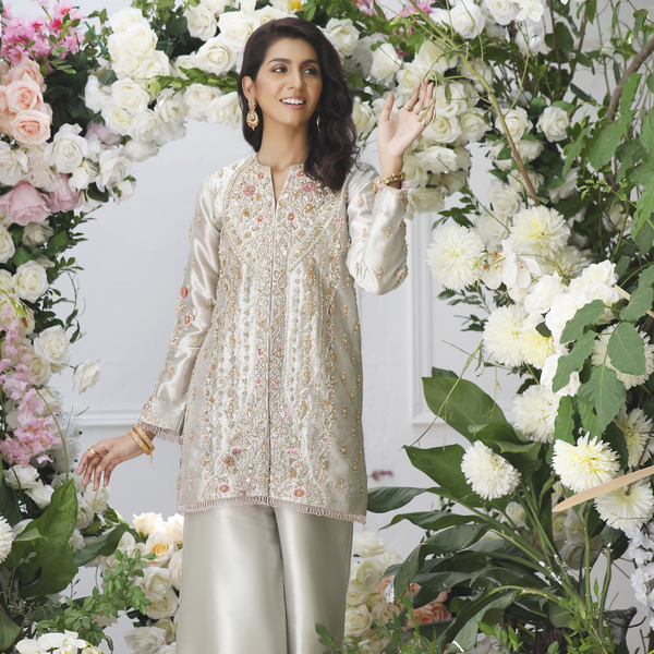 Wahajmkhan | Eden wedding Formals | SILVER SHORT JACKET - Pakistani Clothes for women, in United Kingdom and United States