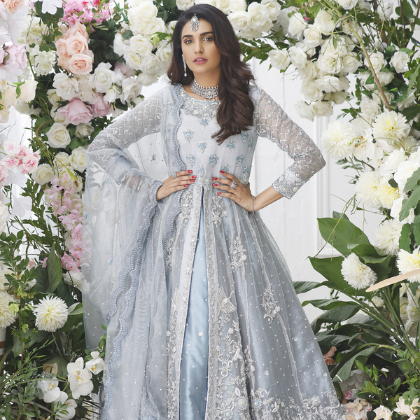 Wahajmkhan | Eden wedding Formals | ICE BLUE ANARKALI WITH FRILL LENGA - Pakistani Clothes for women, in United Kingdom and United States