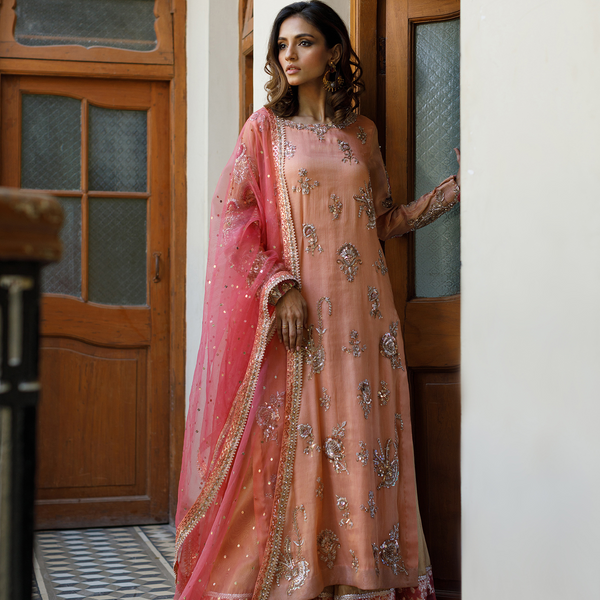 Wahajmkhan | Bahar Begum Formals | PEACH CORAL BAHAR OUTFIT - Pakistani Clothes for women, in United Kingdom and United States