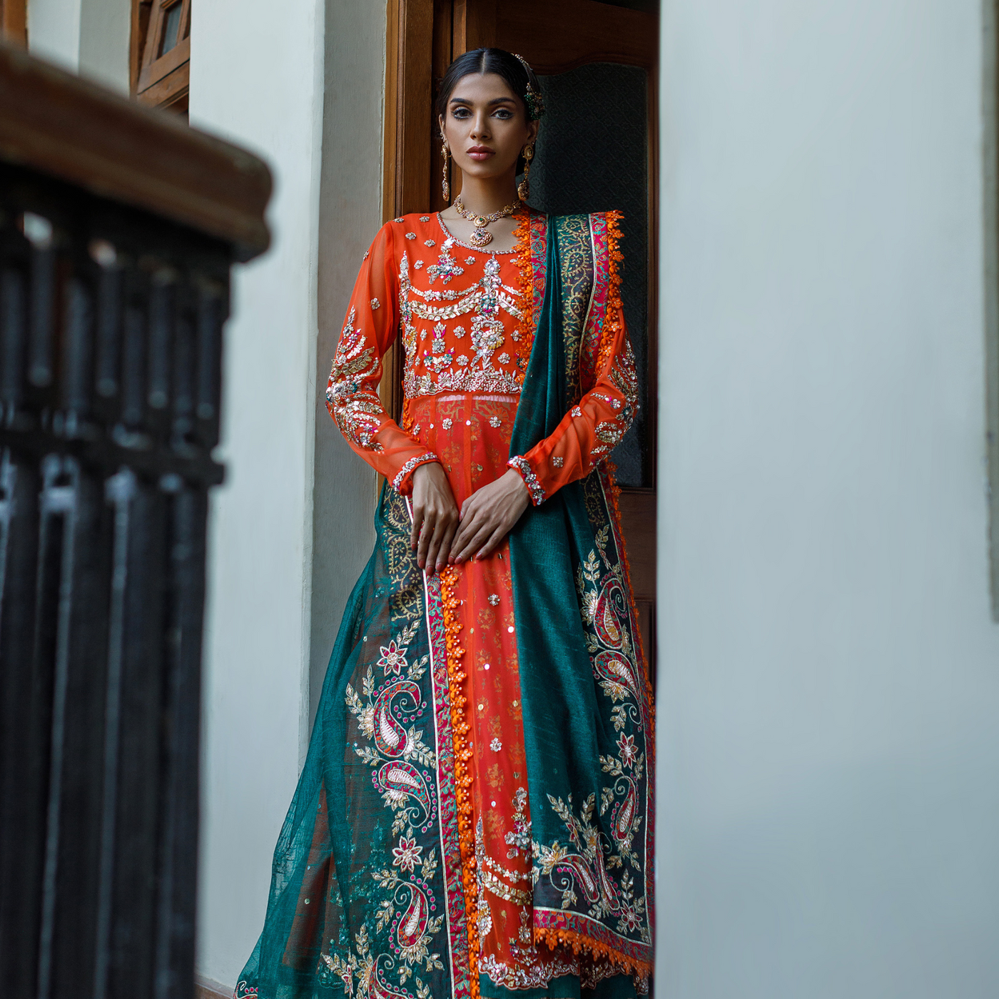 Wahajmkhan | Bahar Begum Formals | BURNT & EMERALD SHAWL ANARKALI - Pakistani Clothes for women, in United Kingdom and United States