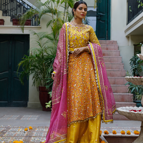 Wahajmkhan | Bahar Begum Formals | MUSTARD LAYERED LEHNGA CHOLI - Pakistani Clothes for women, in United Kingdom and United States