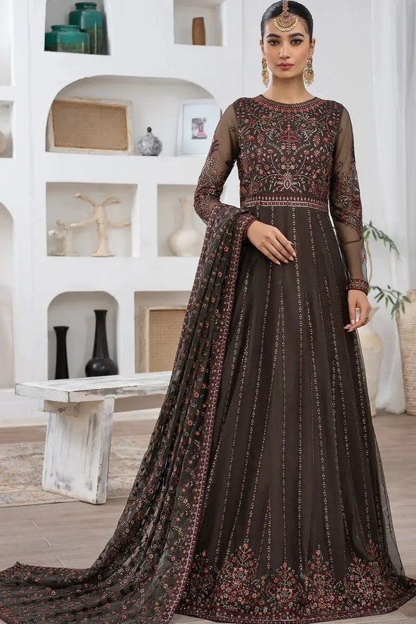Zarif Maroon Net Suit  Pakistani Embroidered Chiffon Dresses