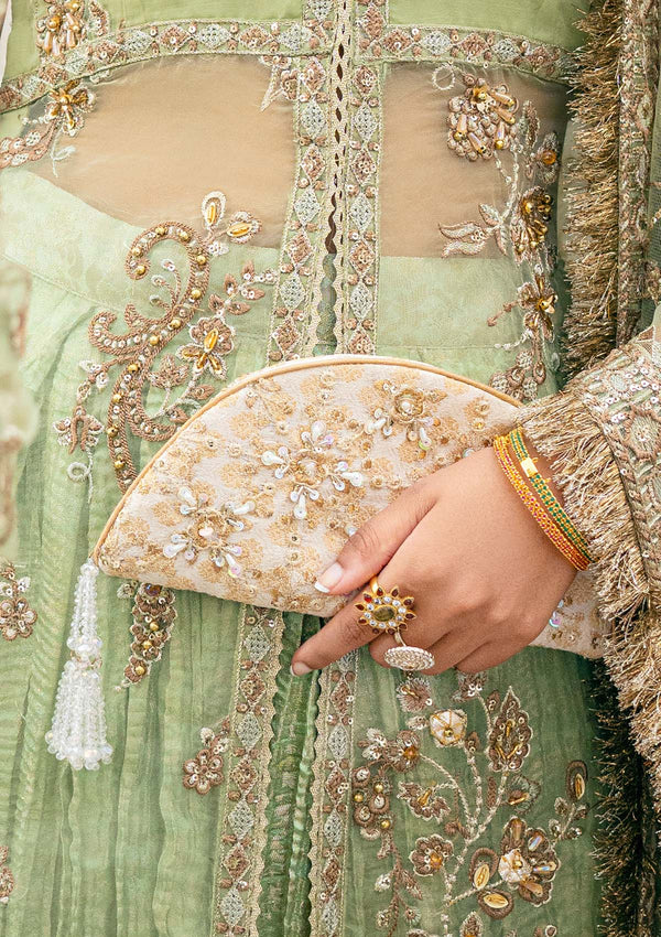 AIK Beige Jamawar Clutch - Hoorain Designer Wear - Pakistani Ladies Branded Stitched Clothes in United Kingdom, United states, CA and Australia