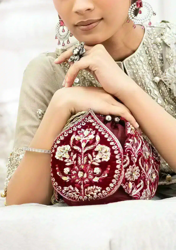 MAROON VELVET POTLI - Hoorain Designer Wear - Pakistani Ladies Branded Stitched Clothes in United Kingdom, United states, CA and Australia
