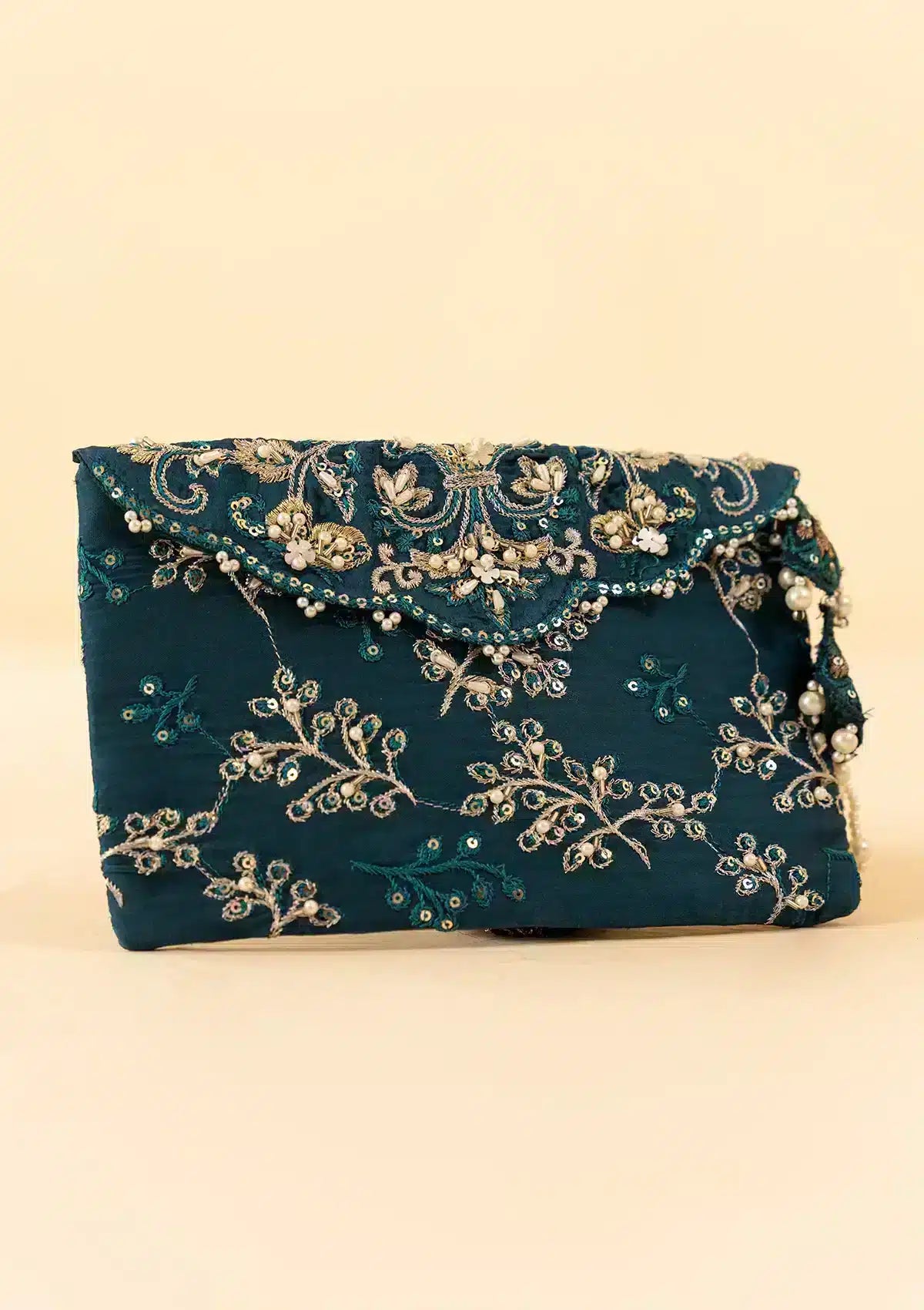 TEAL SILK ENVELOPE CLUTCH - Pakistani Clothes for women, in United Kingdom and United States