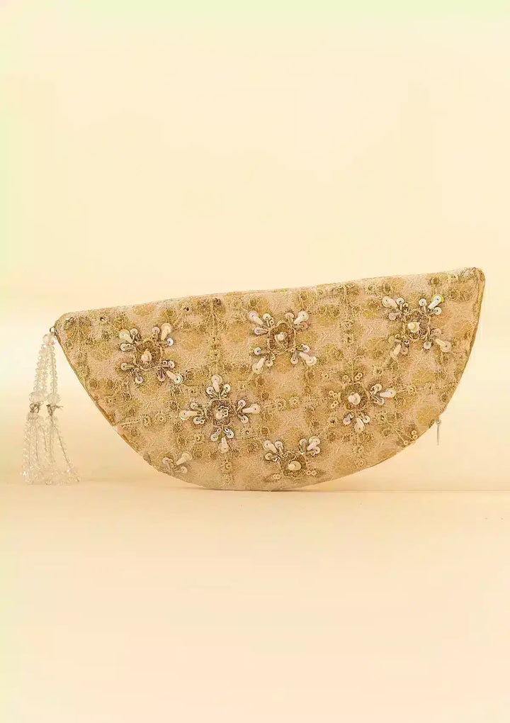 AIK Beige Jamawar Clutch - Pakistani Clothes - Hoorain Designer Wear