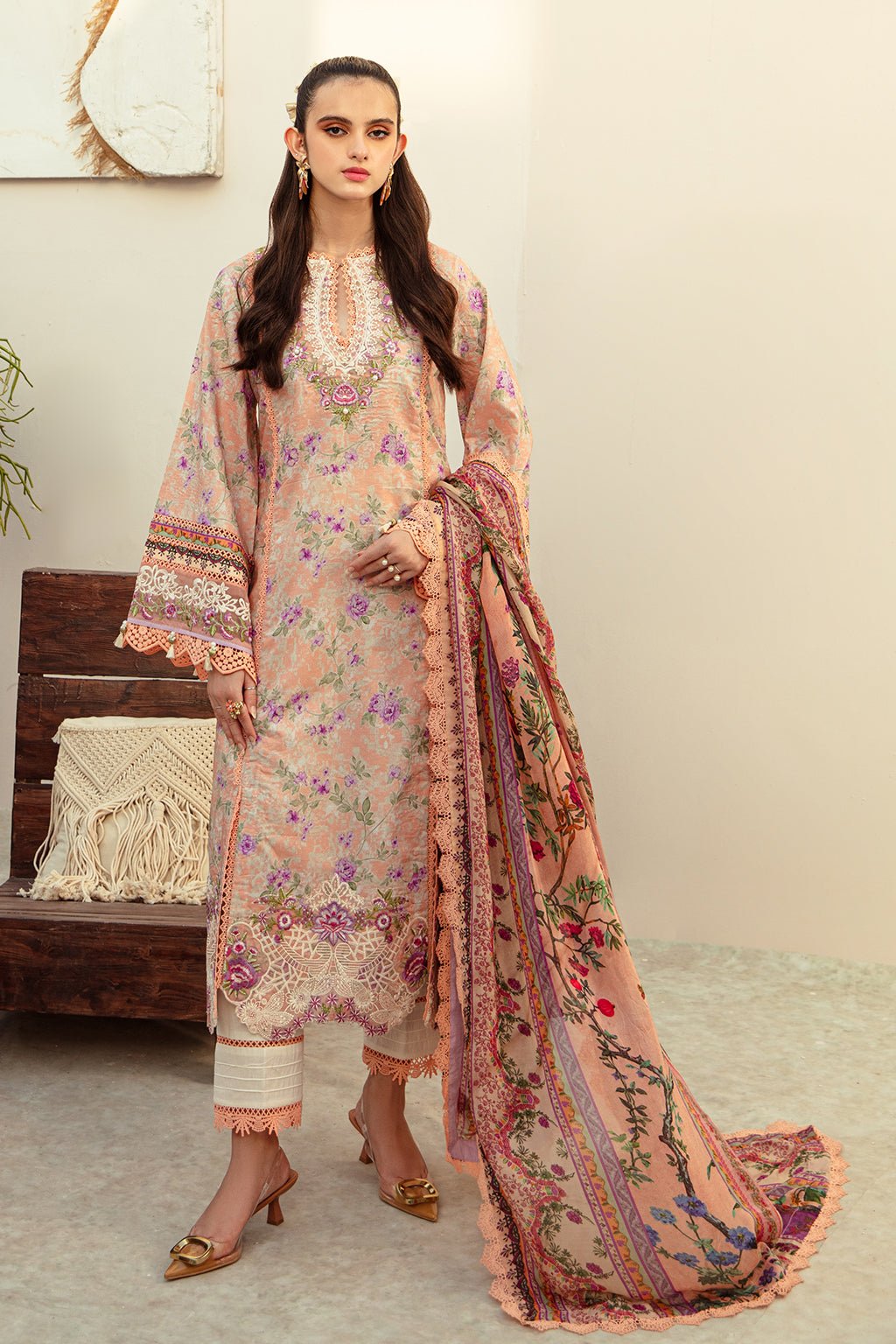 AJR Couture | Alif Affordable Lawn 24 | CORAL BLUSH - Pakistani Clothes - Hoorain Designer Wear