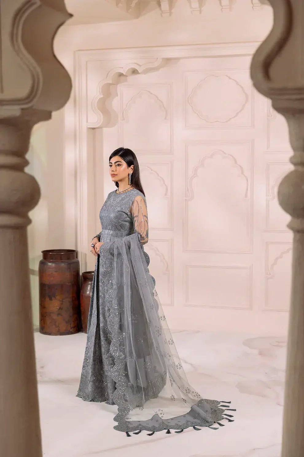 Alizeh | Dua Formals 23 | DUA - V01D01B - KHIRAD ( GREY ) - Pakistani Clothes - Hoorain Designer Wear