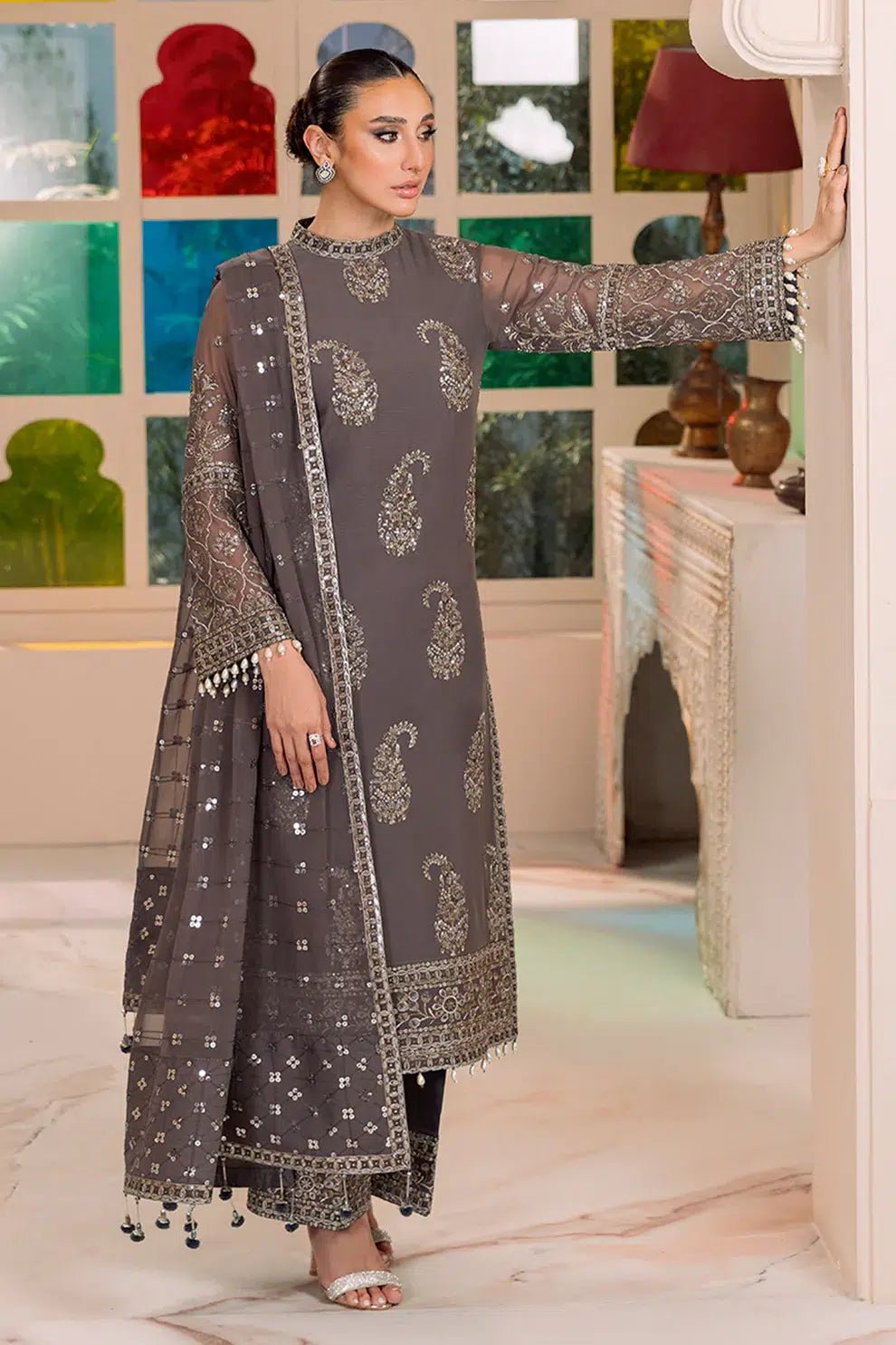 Alizeh | Dua Formals 23 | DUA - V01D06B - AMAYA ( GREY ) - Pakistani Clothes - Hoorain Designer Wear