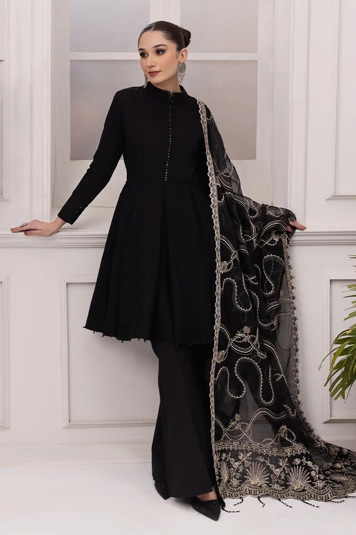 slim fit dress slacks Maryum N Maria Pakistani Long Black Formal Dress | QFD-0060