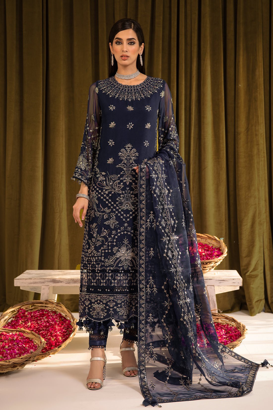 Alizeh | Formals Collection | Daim - V16D08 Embroidered Chiffon Blue - Pakistani Clothes - Hoorain Designer Wear