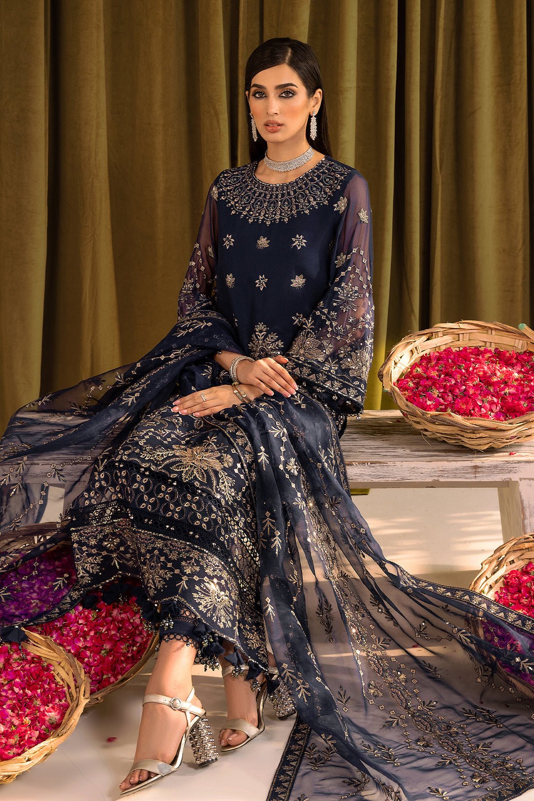 Alizeh | Formals Collection | Daim - V16D08 Embroidered Chiffon Blue - Pakistani Clothes - Hoorain Designer Wear