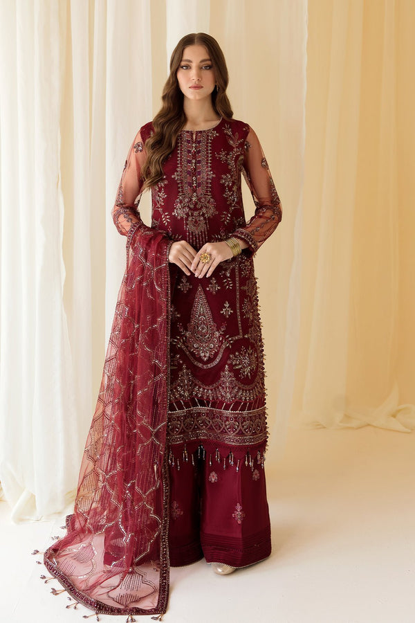 Alizeh | Formals Collection | Embroidered Net Maroon - V14D08 - Raya - Pakistani Clothes - Hoorain Designer Wear