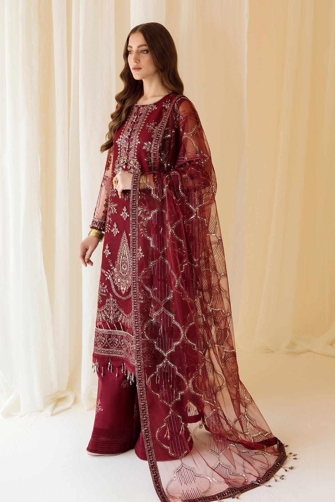 Alizeh | Formals Collection | Embroidered Net Maroon - V14D08 - Raya - Pakistani Clothes - Hoorain Designer Wear