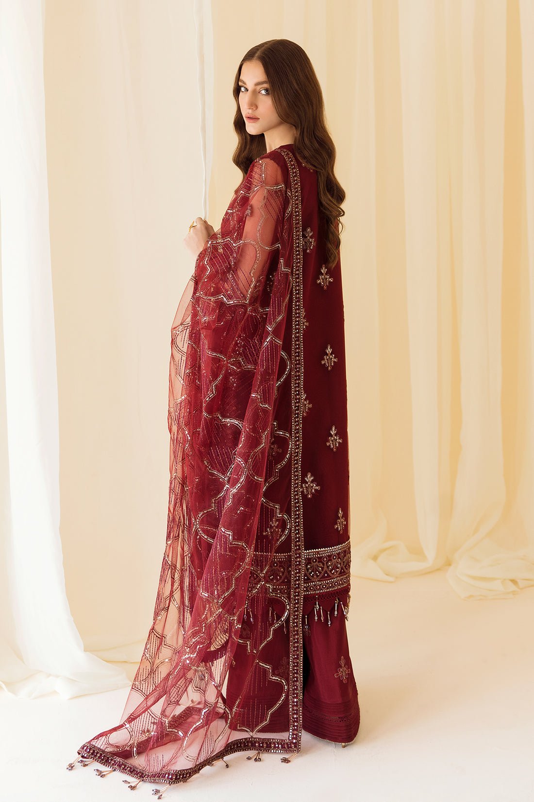 Alizeh | Formals Collection | Embroidered Net Maroon - V14D08 - Raya - Pakistani Clothes - Hoorain Designer Wear