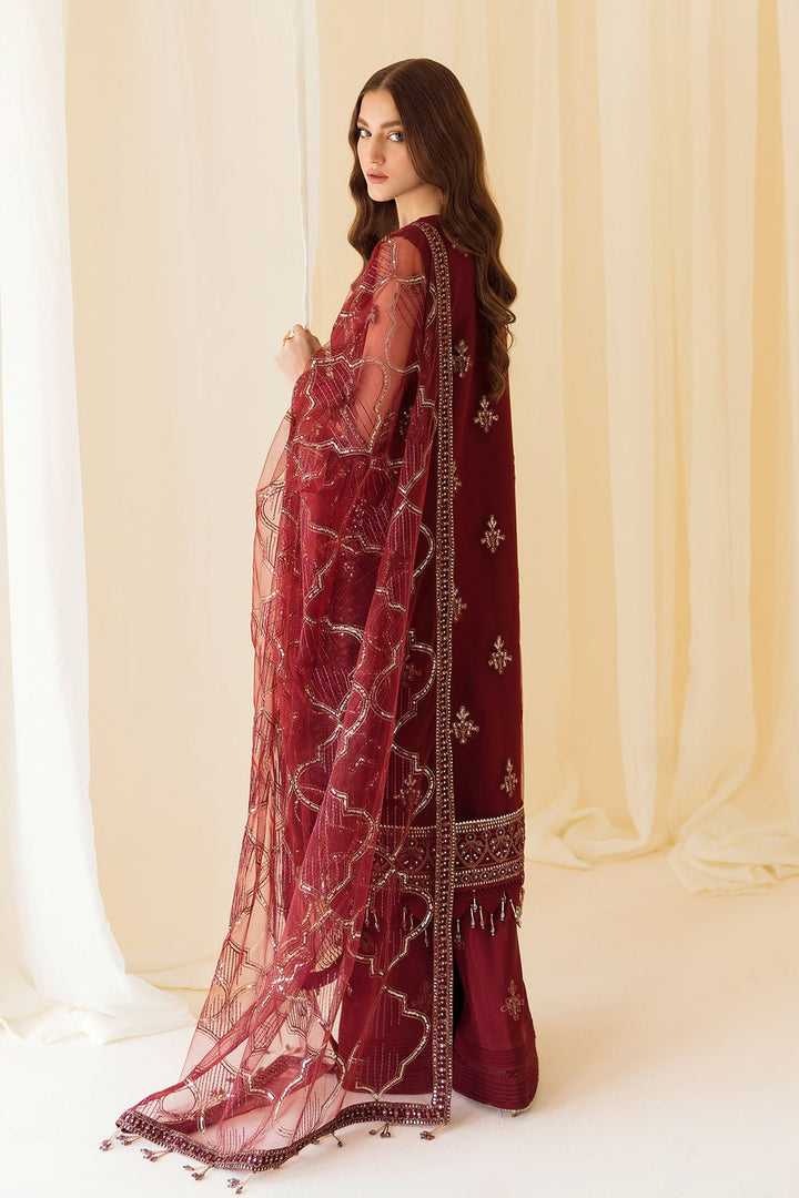 Alizeh | Formals Collection | Embroidered Net Maroon - V14D08 - Raya - Pakistani Clothes - Hoorain Designer Wear