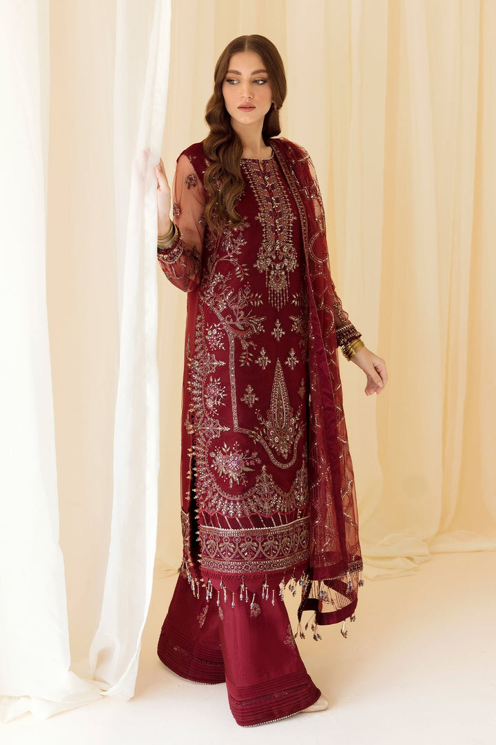 Alizeh | Formals Collection | Embroidered Net Maroon - V14D08 - Raya - Pakistani Clothes - Hoorain Designer Wear