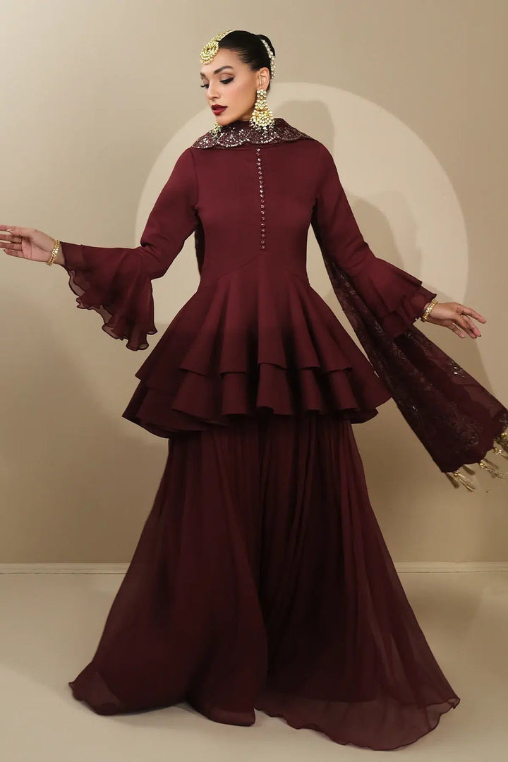 Alizeh | Formals Collection | Maroon Peplum 3 piece - RTW1014 - Pakistani Clothes - Hoorain Designer Wear